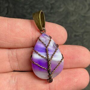 Purple Agate Copper Wire Wrapped Tree of Life Pendant Stone Crystal Jewelry